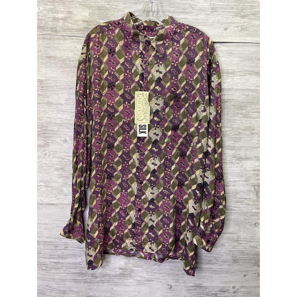 Expressions Worldwide Shirt Mens L Purple Geometric Silk Button-Up Chest Pocket